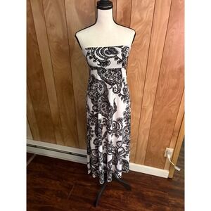 Diosa Womens Strapless Paisley Maxi Dress Black White Tube Top Jersey Knit Small